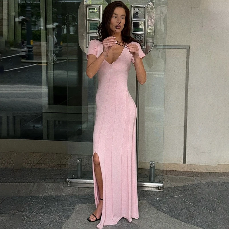 

Typhaland Short Sleeve Knitted Dress For Women Solid V-Neck Slit Long Dress Slim Sexy Commuting Party Dress Female Vacation 2026