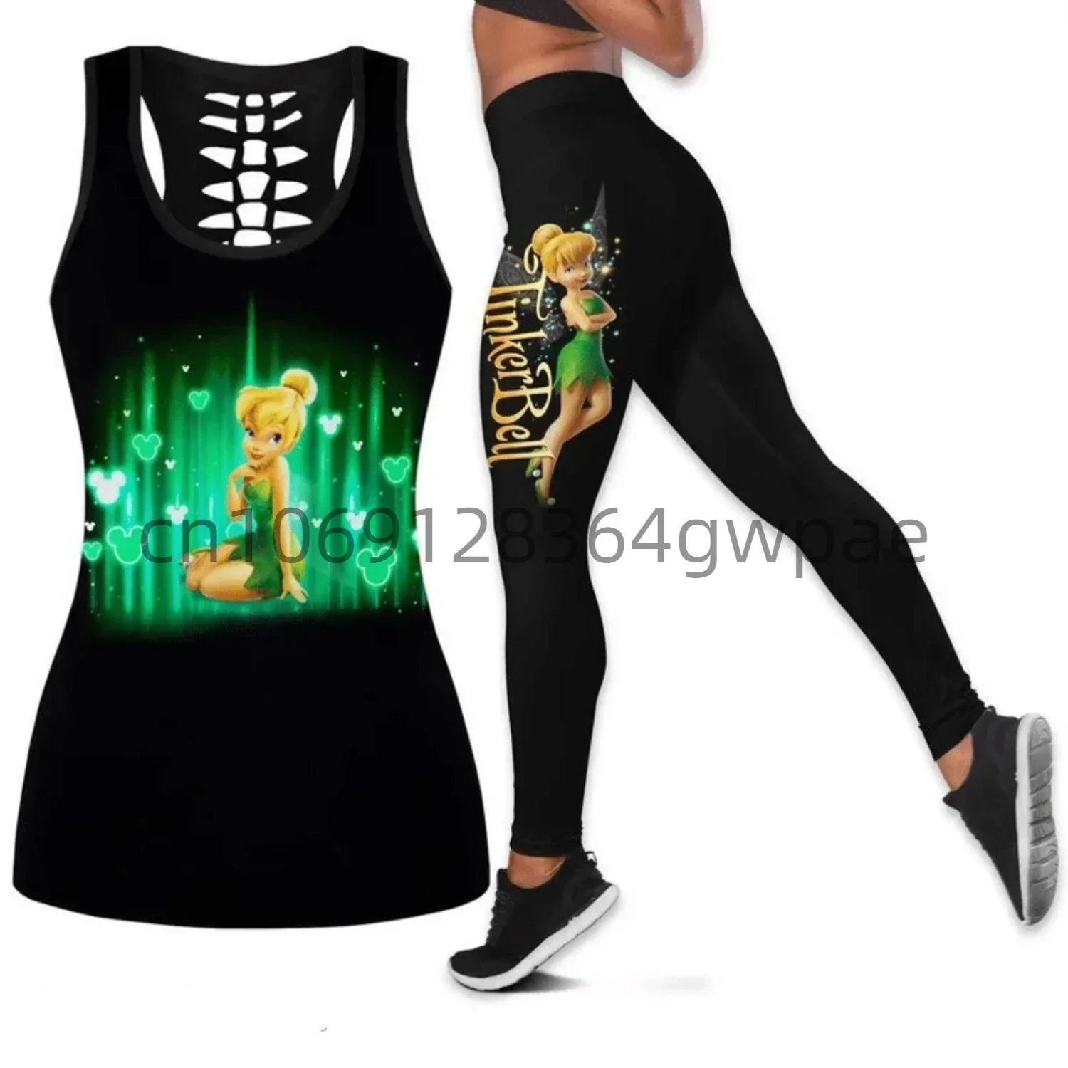 

2024 Tinker Bell Women's Cutout Tank Top Leggings Yoga Set Summer Fitness Leggings Tracksuit Disney Hollow Tank Top Leggings Set