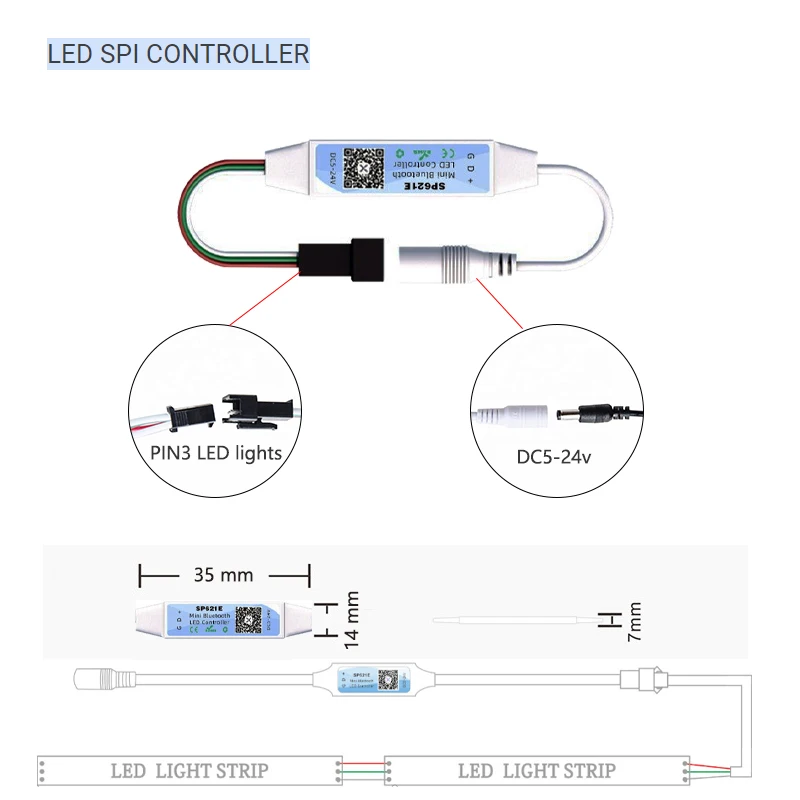 Mới SP621E Mini Bluetooth Điều Khiển Đèn LED Thông Minh Ứng Dụng Ma Thuật Màu Đèn Mờ SPI Addressable Kỹ Thuật Số IC Cho WS2812B 2811 5050 LED dây