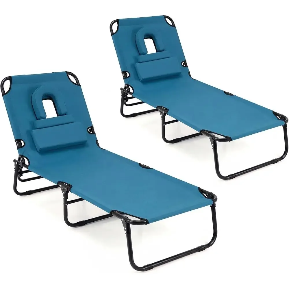 2-Pack Adjustable Patio Lounge Chairs with Hole, Removable Pillows, Carry Strap for Poolside, Beach, Lawn