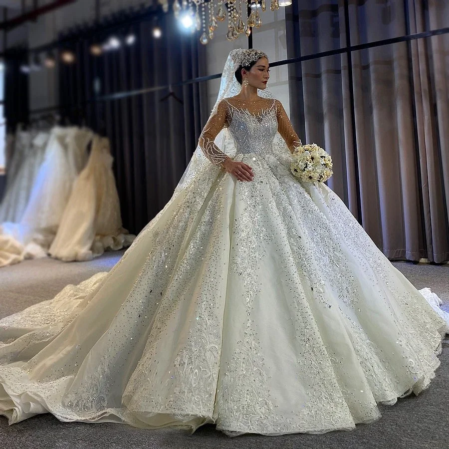

Church Jewel Neck Beads Crystal Lace Appliqued Bride Gowns Sweep Train Luxury Ball Gown Ivory Wedding Dresses Customized