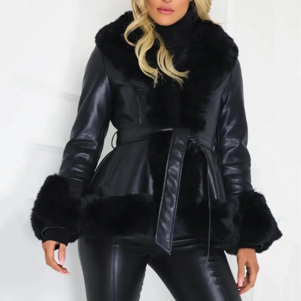 Luxury Fur Leather Jacket Rabbit Fur Collar Women Jacket Coat Winter Plush Collar Trim Faux Leather Outerwear Winter Overcoat