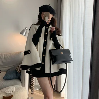 영국 스타일 울 판초, 프렌치 칼리지 케이프 망토, 여성 패션 워프 모직 혼방 코트, 가을 겨울 2025 신상