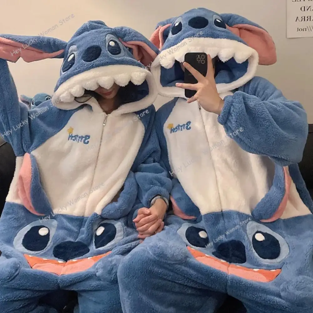 Cartoon Anime Stitch para Onesies piżama zimowa koralowa polarowa termiczna z kapturem duży rozmiar sweter męska Casual piżama damska