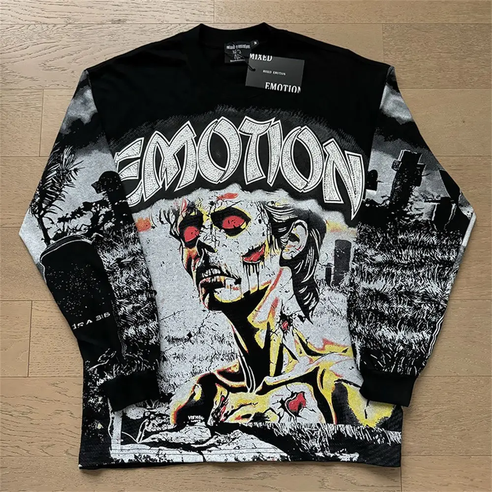เสื้อยืดแขนยาวลาย MIXED EMOTION สำหรับผู้ชายและผู้หญิง สไตล์ไฮสตรีท พิมพ์ลายเต็มตัว ผ้าฝ้าย 100% คอกลม ฮิปฮอป ทรงโอเวอร์ไซส์
