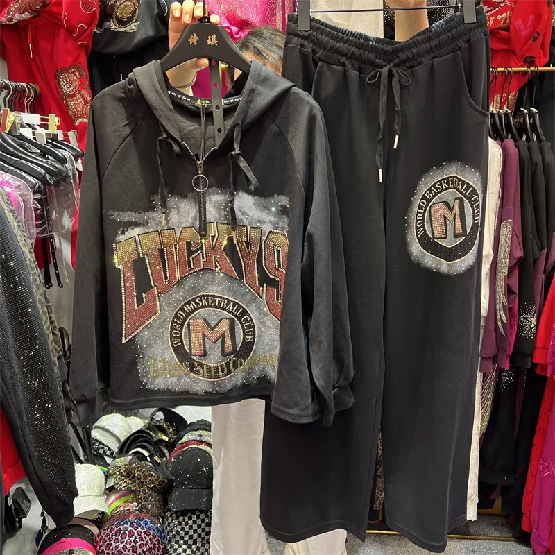 American Street Autumn Hoodie Sets Letters Hot Diamonds Zip Hooded Long Sleeve Pullover Top+Elastic Waist Wide Leg Casual Pants