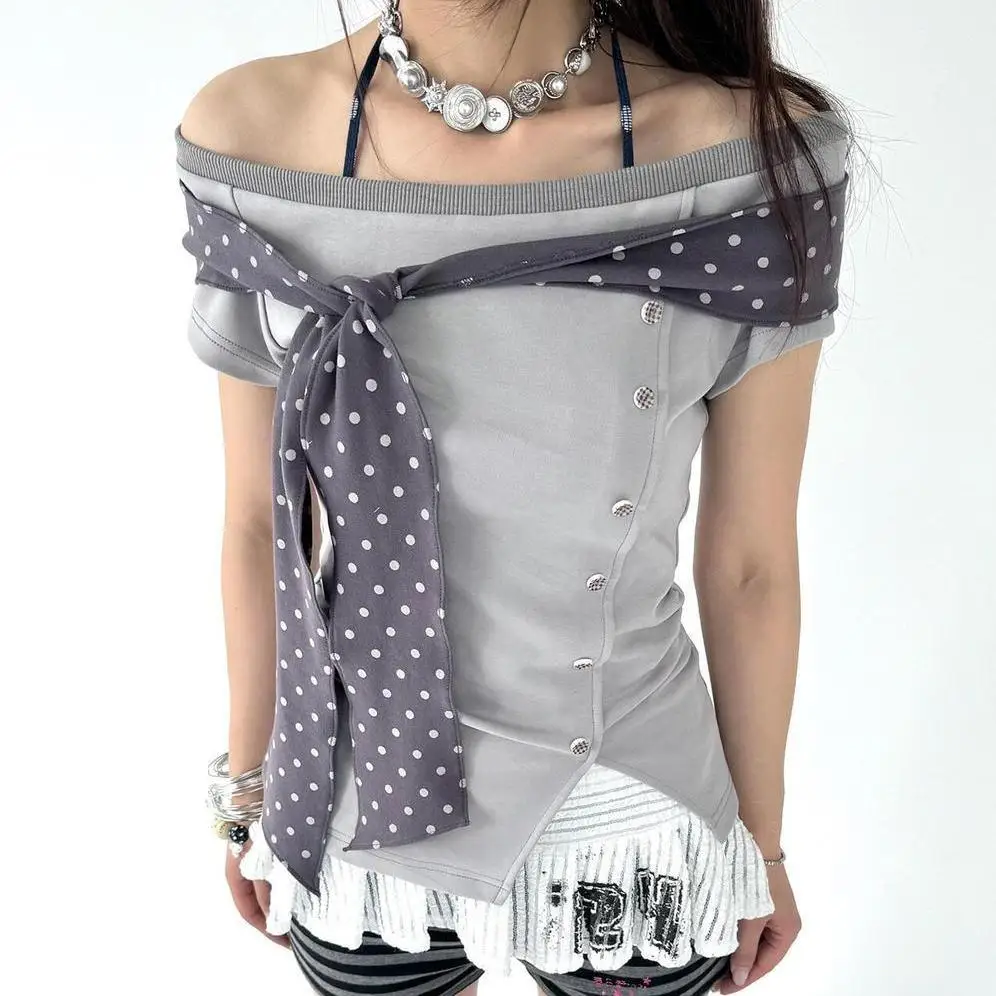 Japanischer Stil, niedliche Slim-Fit-Tops für Damen, Y2K-Retro-Design, Patchwork-T-Shirts, lässige, kurzärmelige, modische Bluse, schick