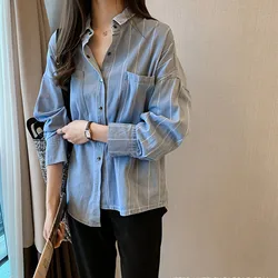 Women Denim Shirt Loose Striped Pockets Single Breasted Blue Long Sleeve Blouse 2024 Spring Summer Fashion Patchwork Tops