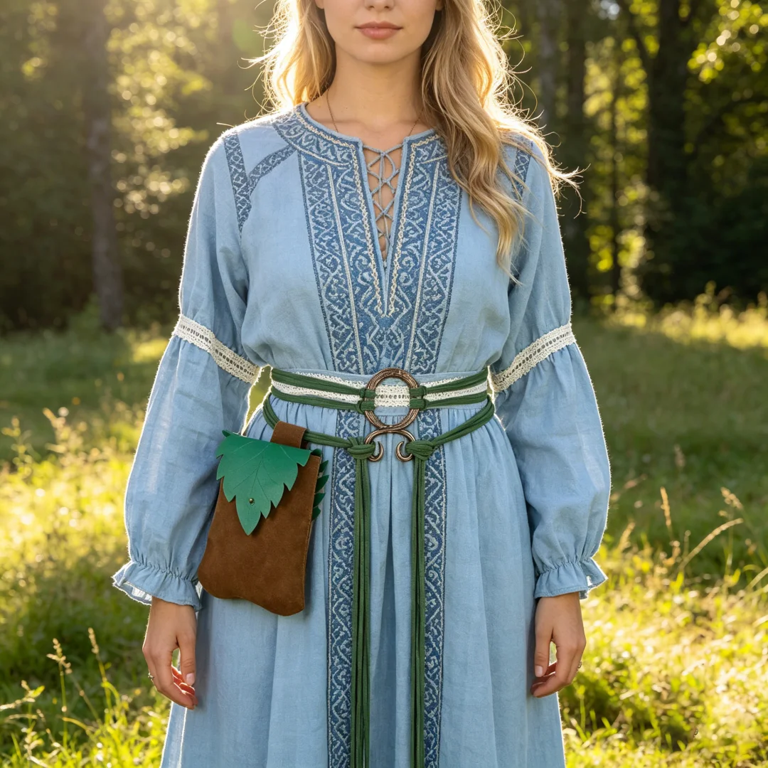 Mittelalterliches Retro-Stil Strickgürtel-Set mit Waldblatt-Hängetasche, Elfen-Cosplay-Zubehör