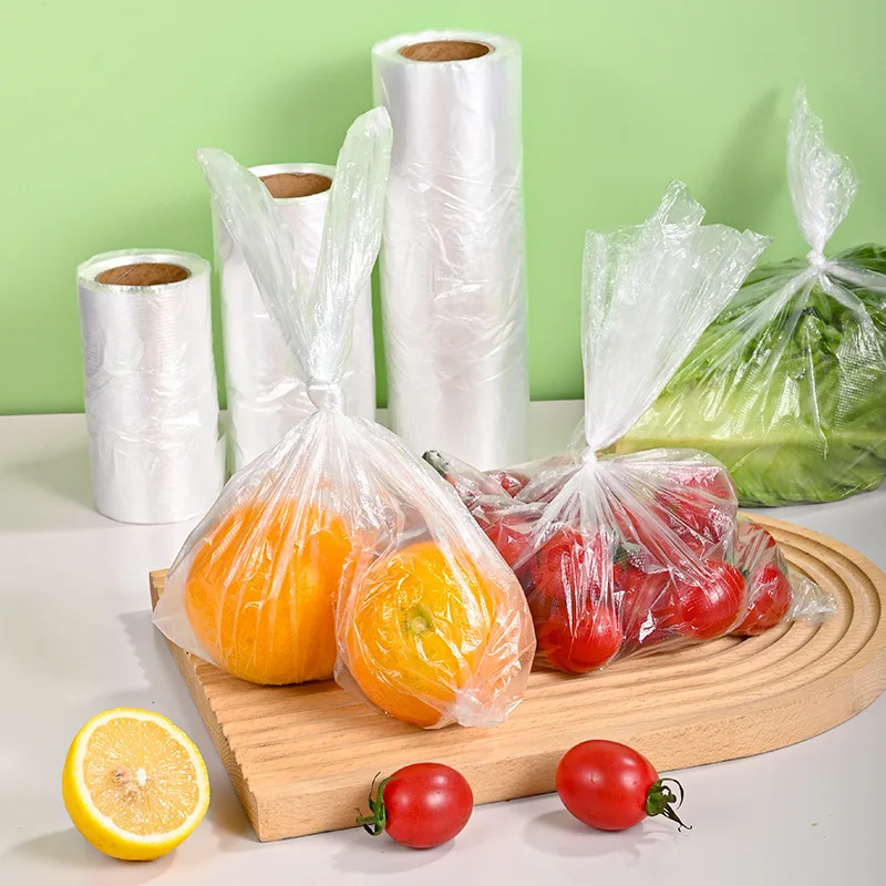 

100 пакетов/рулон, пластиковые пакеты для хранения продуктов с портативной ручкой для овощей, фруктов, хлеба, кухонный органайзер, прозрачные пакеты для хранения