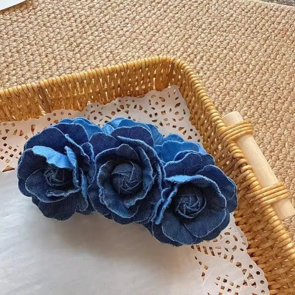 

Shark Clip Denim Blue Flower Banana Clips Korean Style Camellia Women Vertical Clip Plastic Cloth Floral Twisted Hair Clip Girls