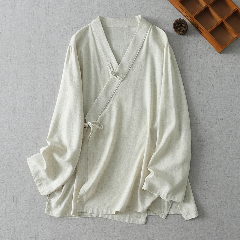 Retro Chinese Style Zen Clothing Shirt Loose Fit Unisex Long Sleeve Pure Color Button up Top Men's Women's Modified Hanfu