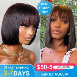 Peruca de Cabelo Humano Brasileiro com Franja para Mulheres, Remy Cabelo Liso, Bob Perucas, Peruca Feita Máquina Completa, Sem Renda, 8-16 em