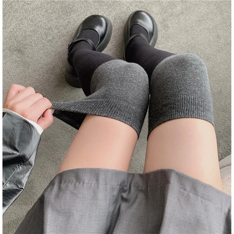 Internet Celebrity All-Match Black and Gray Panel High Knee High over-the-Knee Socks Sexy Pure Desire Slimming Color Matching St