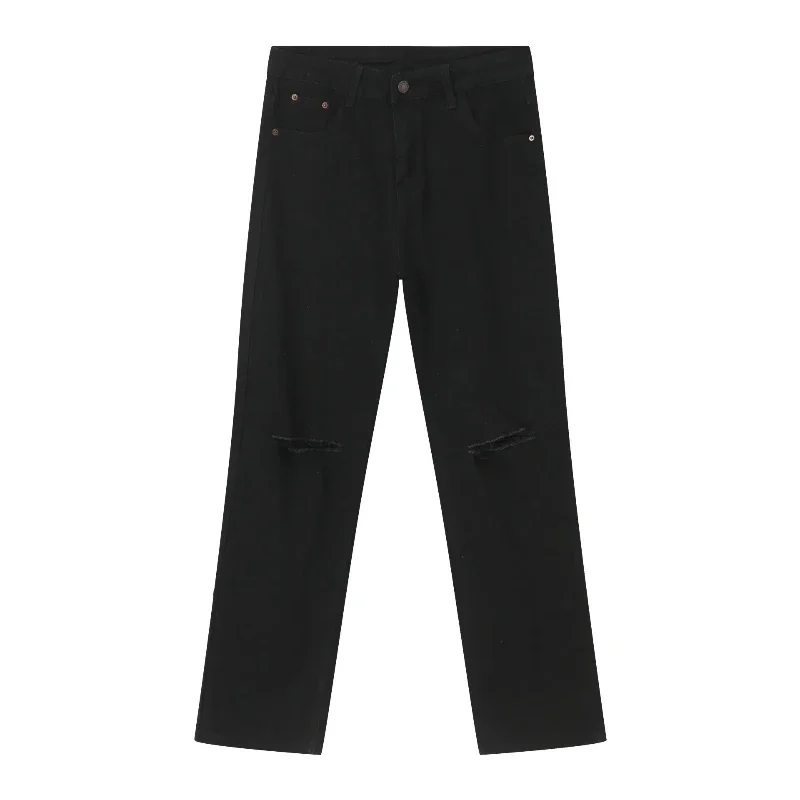 2025 Estate Nuovo Nero Jeans Strappati Uomo Coreano Moda Foro Stretch Slim Jeans Uomo Casual a vita media Pantaloni di jeans dritti Maschile