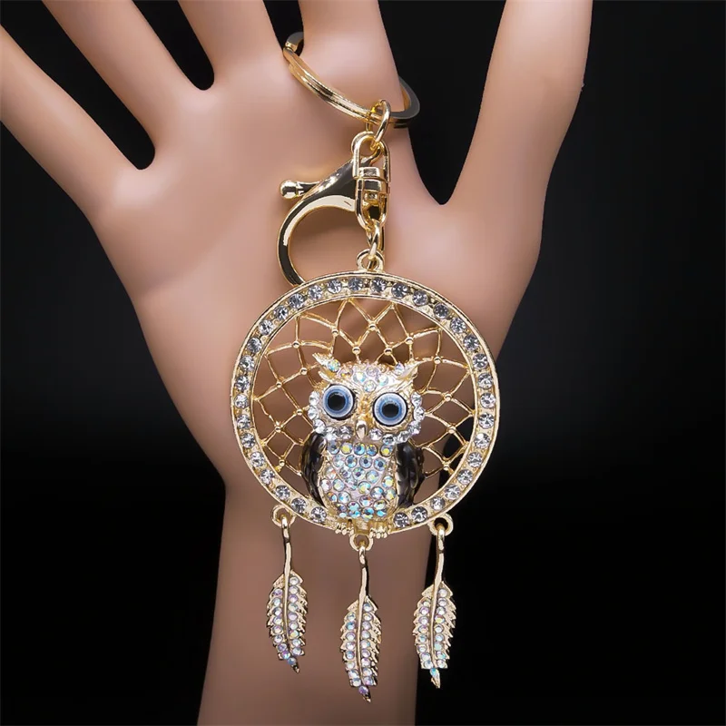 Animal Owl Dream Catcher Key Chain for Women Rhinestone Metal Gold Color Dreamcatcher Keychain Bag Accessories Jewelry K9034S01