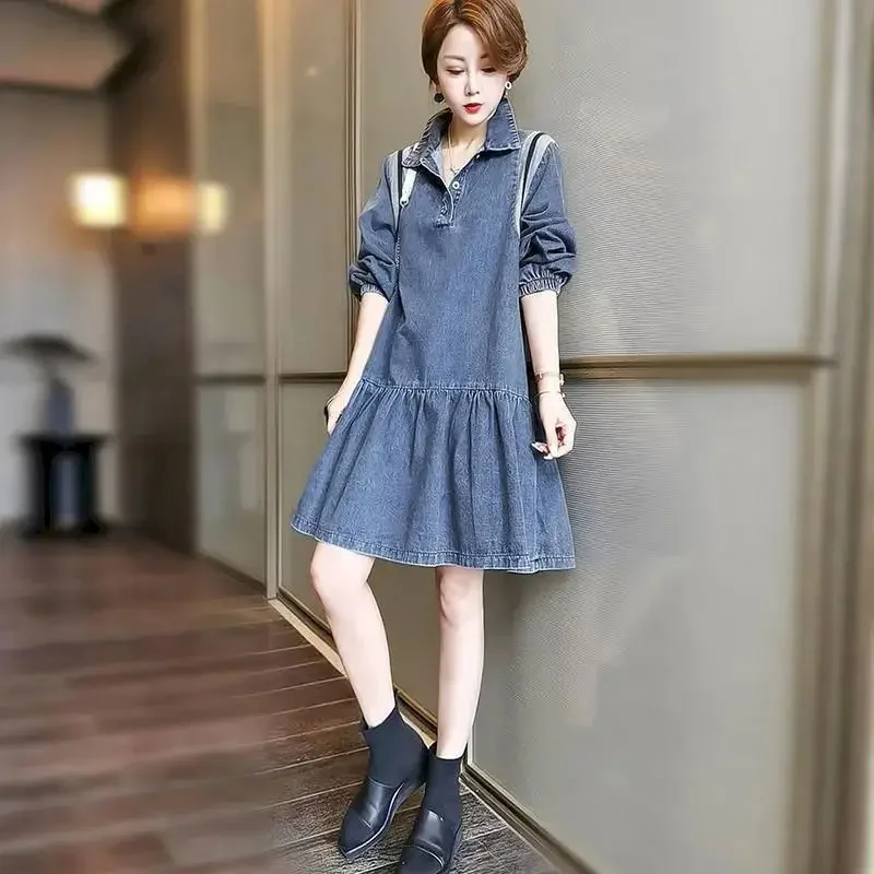 Синее джинсовое платье Женское модное платье-поло с длинным рукавом Design Sense Повседневные свободные платья Весенне-осенние трендовые платья Y2k Одежда