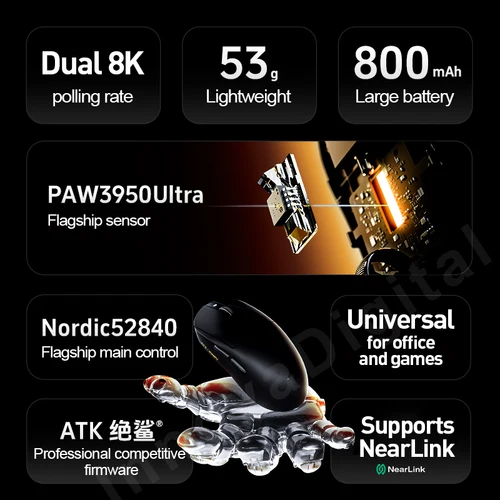 Imagen 2 del producto ATK Dragonfly A9 Ratón ultra inalámbrico para juegos de deportes electrónicos Ratones ergonómicos duales 8K ultraligeros trimodos A9 Plus PAW3395/3950