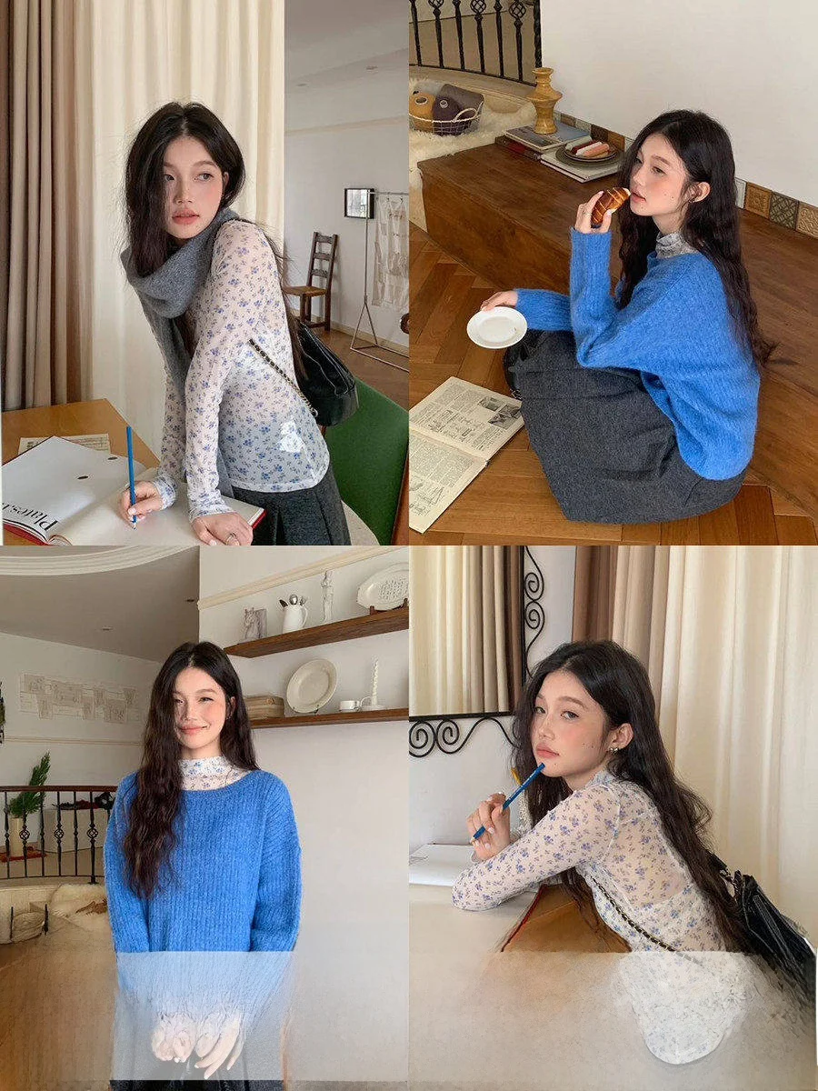 

Синяя женская футболка с цветочным принтом, длинным рукавом, высоким воротником, в корейском ретро-стиле, дышащая, для весеннего сезона