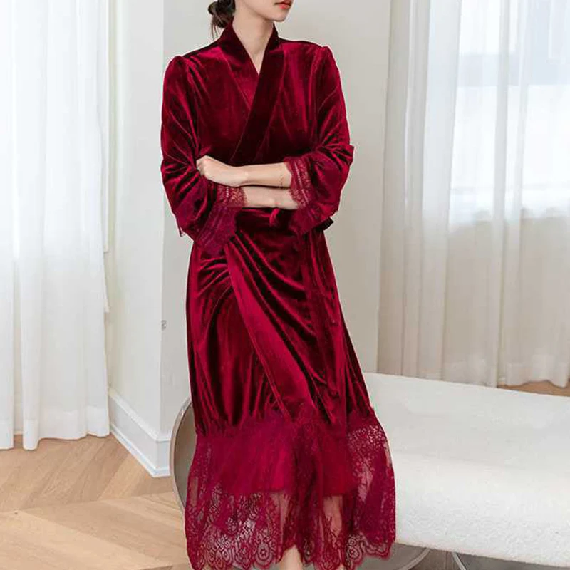 Long Sleeve V Neck Solid Color 2Pcs Robe Solid Velvet Sleep Suit Home Dress Wine Red Sexy Split Fork Lace Cardigan Sling