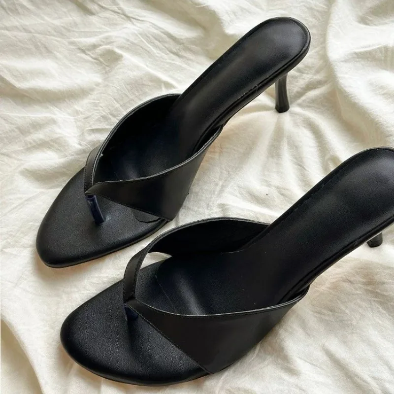 

Fashion Round Toe Women Thin Heels Slippers Slides Female Flip flops Sandals Spring Summer Ladies Heeled Slippers Shoes Pumps 42