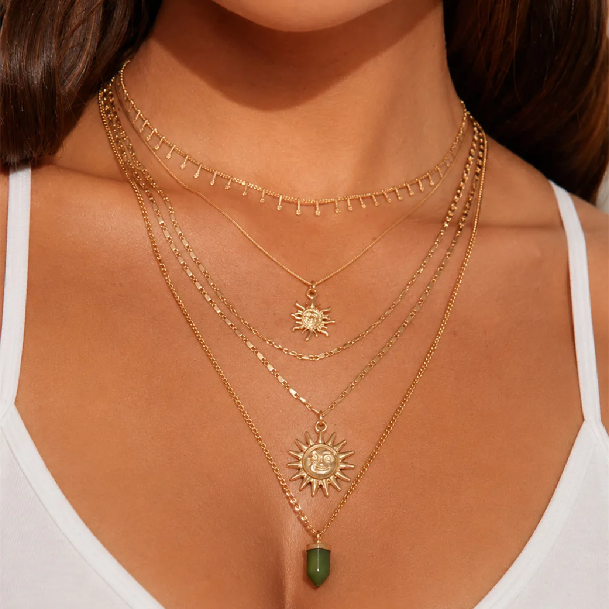 

Ingemark 5 Pcs/Set Vintage Crystal Pillar Sun Pendant Necklace For Women Boho Multi-Layer Adjustable Choker Summer Neck Jewelry