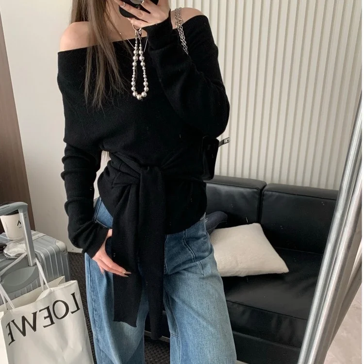

Korean Sle Women's Long Sve Ballet Sweater Design Sensation Slimming Fake Two-Piece Knitted Top Initial Autumn New Arrival