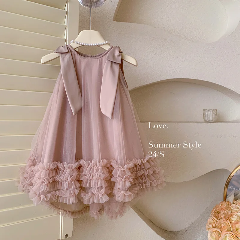 2024Summer Korean Style Girls\' New Sleeveless Shoulder Bow Mesh Princess Dress Children\'s Midi Dress Tide