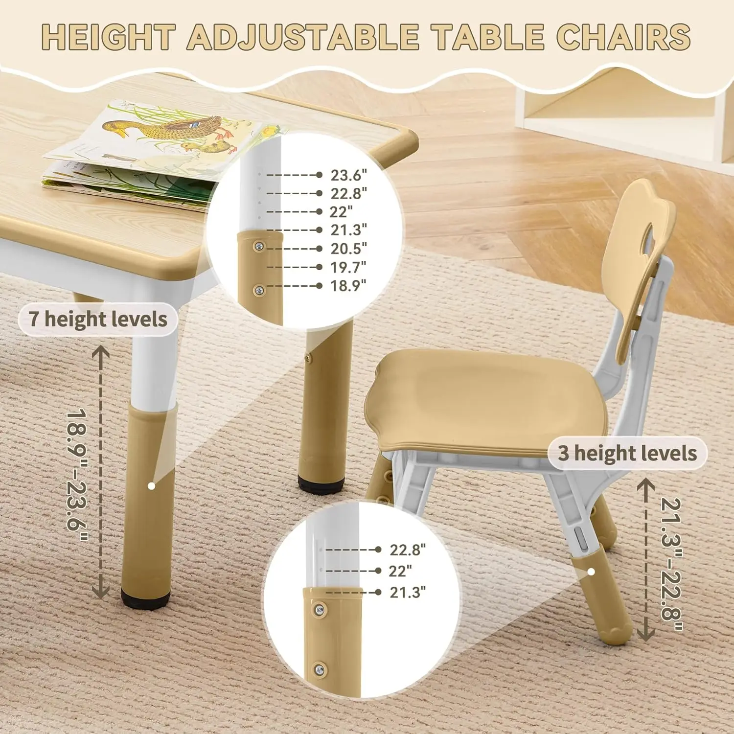 Table and Chairs Set, Height Adjustable Toddler Table and Chair Set for Kids Ages 3-8, Graffiti Desktop (Wooden Brown)