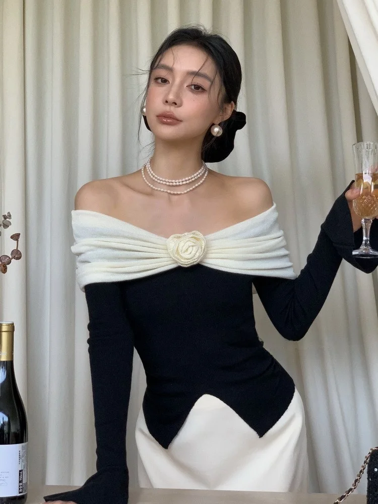 Ele Pure Desire One-oulder Flower Splice Knitted Sweater Slim Fit Korean Sle Commute Faion ort Sve Top