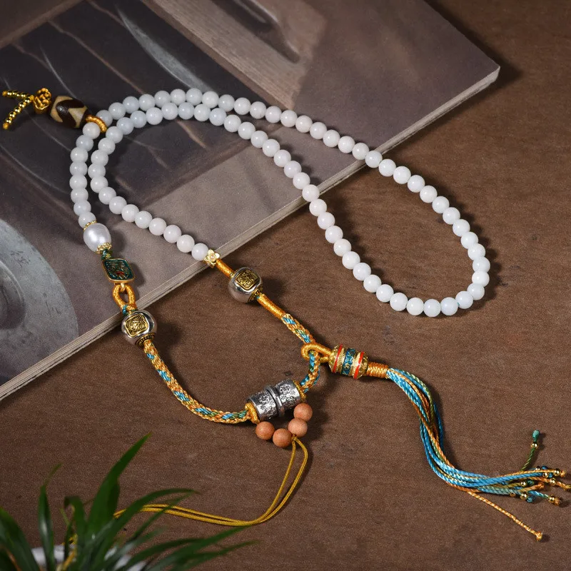 Tibetan Ethnic Style Hand Rubbing Cotton Rope Hand-woven Pearl Necklace Pendant Rope Thangka Wax Beads Lanyard Female Jewelry