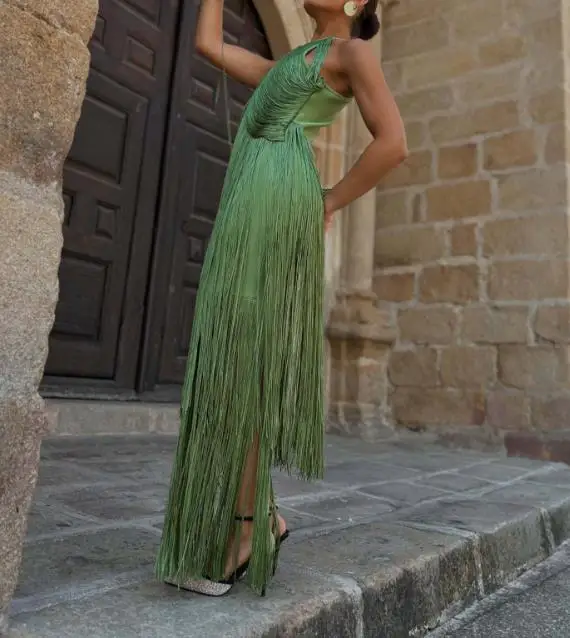 Women Dresses 2026 Spring Summer New Solid Color Temperament Hanging Neck Tassel Design Sleeveless Slim Fit Long Dress