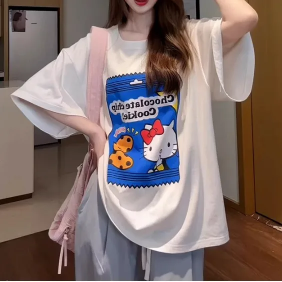 Camiseta Holgada de Algodón 100% con Estampado Temático de Hello Kitty Cookie para el Verano 2026, para Adultos, Niños y Familias