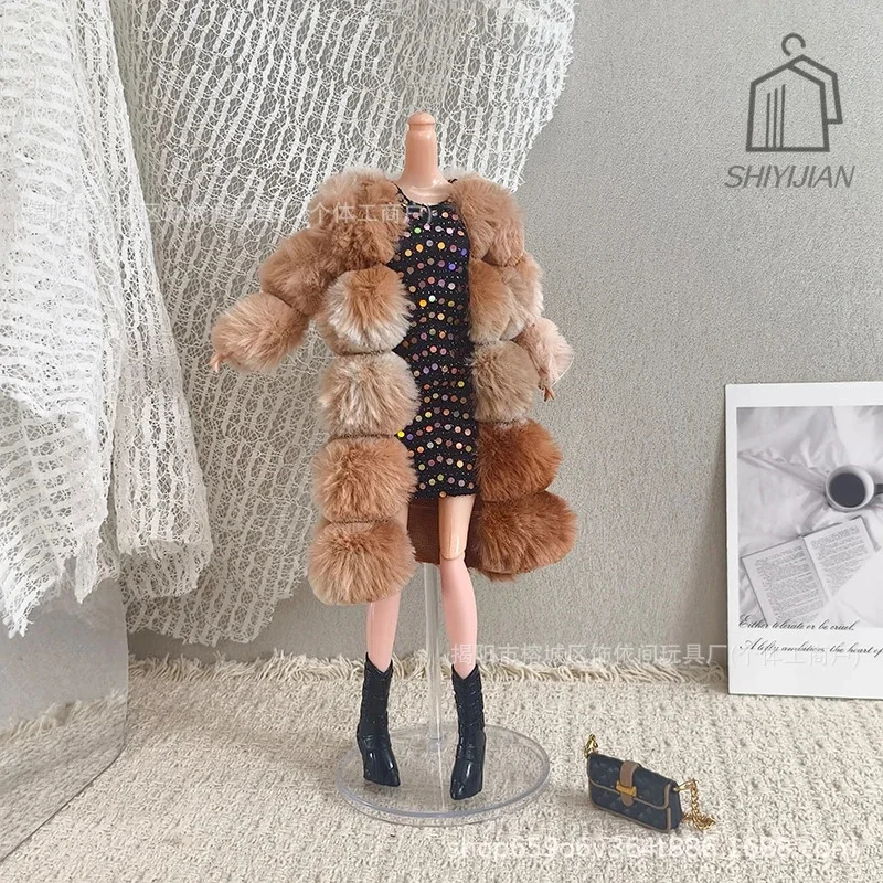 30cm 6 Inch Doll Winter Faux, Fur Coat Sequin Dress Fashion Outfit, Set For BJD Princess Change Clothes, Accessories Birthday Gi