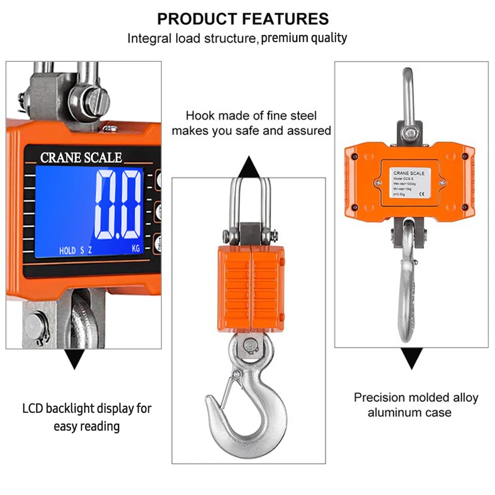 Digital Hanging Scale 1000kg/ 2204lbs Portable Heavy Duty Crane Scale LCD Backlight Industrial Hook Scales Unit Change/Data Hold