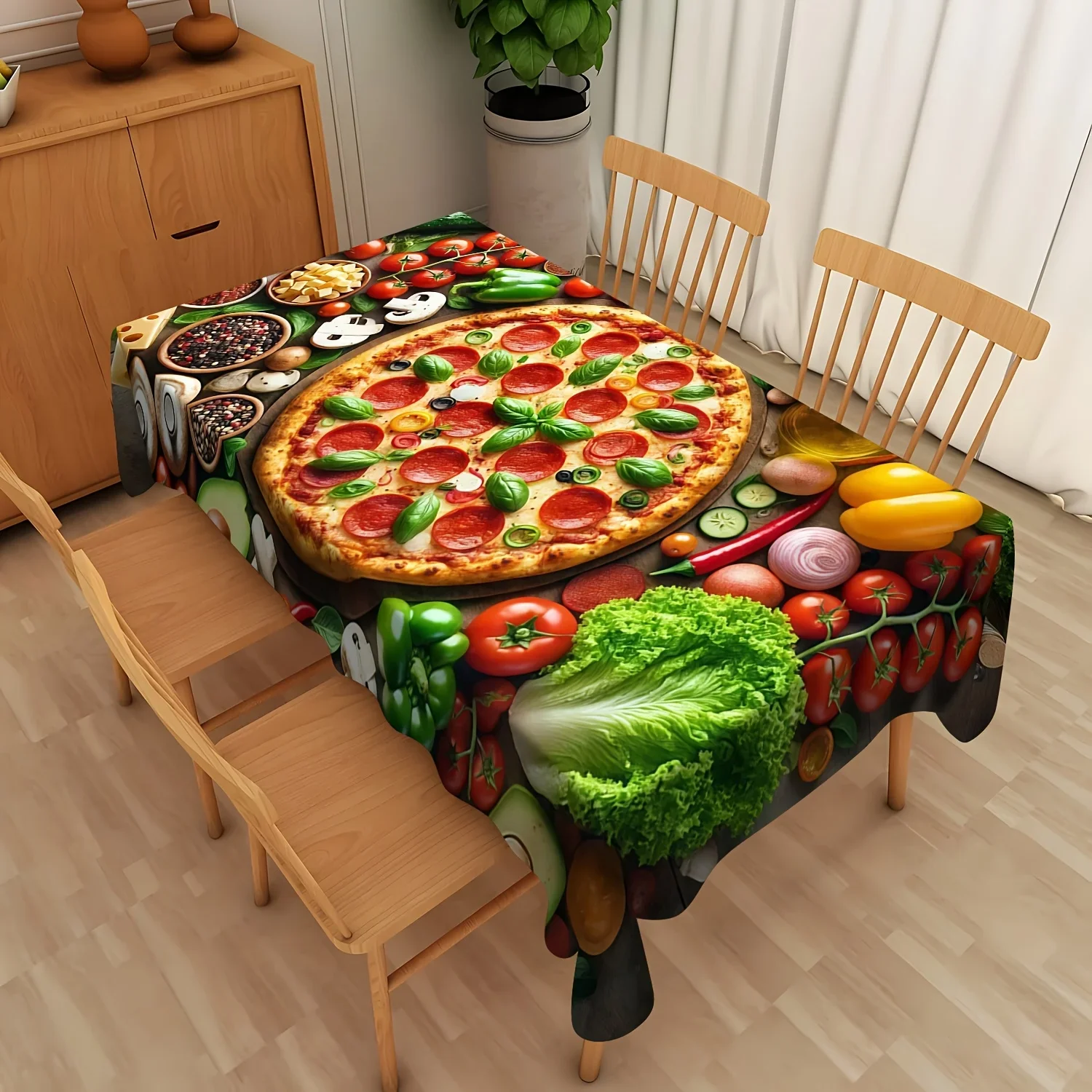 One creative pizza and a tablecloth with vegetable patterns, made of durable polyester fabric, is perfect for families.xzj