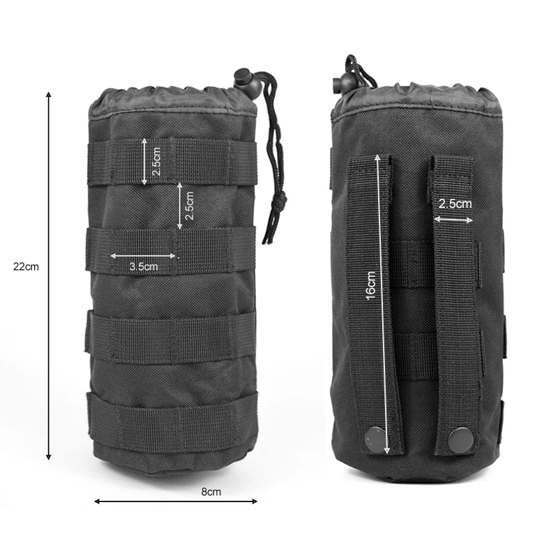 Tactical Water Bottle Bag Multi-Function Outdoor Adjustab Drawstrin Molly System Attached To Other Gear Nylon Hole Design Black