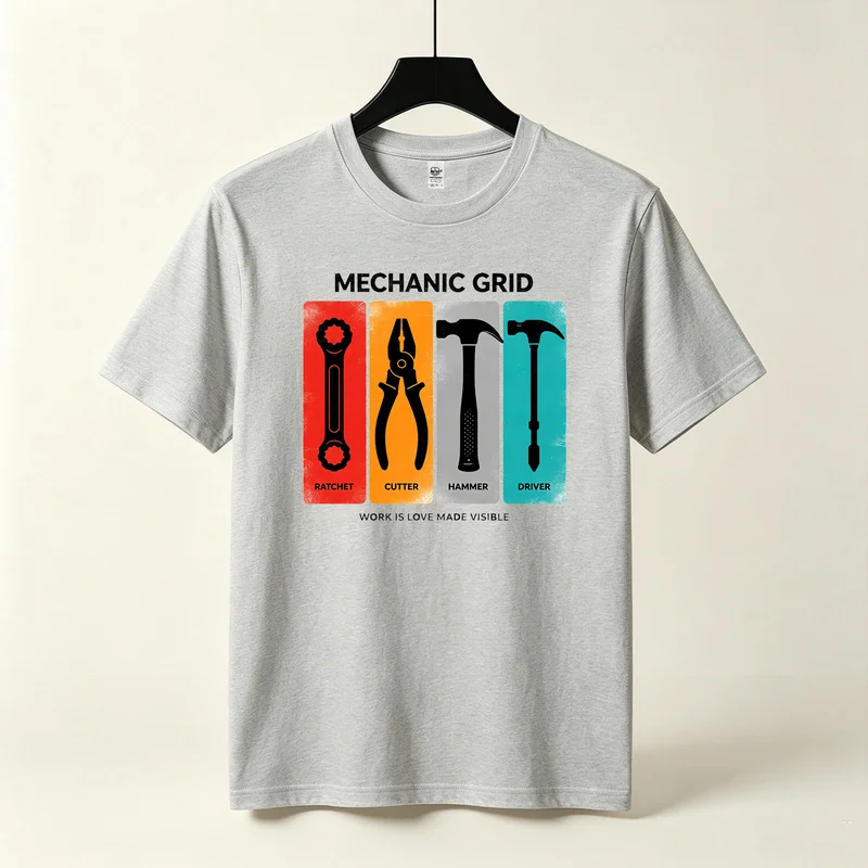 Mechanic Grid Graphic Tshirt Unisex Retro Colorful Hand Tools Design Short Sleeve Auto Mechanic Repair Worker Casual Tees Tops