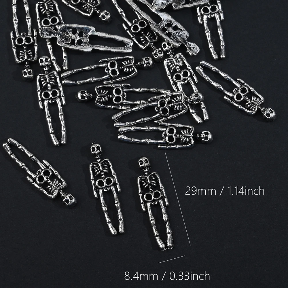 10pcs Vintage Silver Skull Nail Charms Y2K Gothic Punk Metal Skeleton Nail Rhinestones Design Manicure Gem Jewelry Decorations *