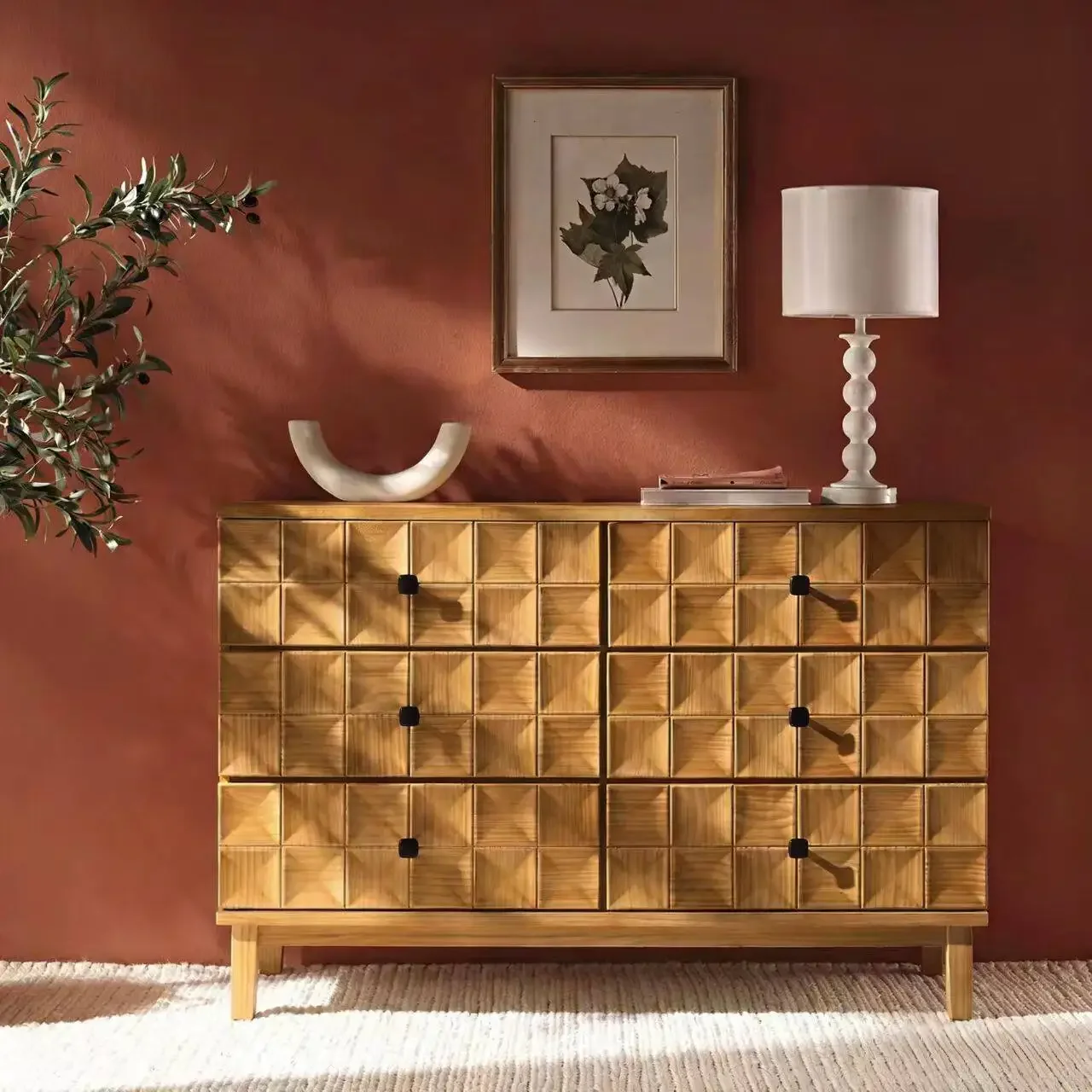 Retro solid wood dining side cabinet, living room storage cabinet, rhombus pattern multi-chest cabinetTJ
