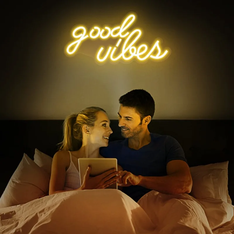 

Good Vibes Neon Sign Lights for Bedroom Wall Decor Warm White LED Neon Signs (16 x 8 inch) 5V USB