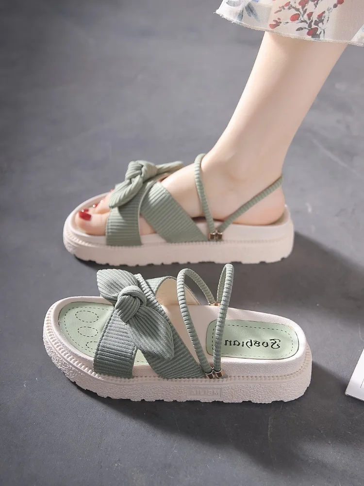 Romantic  Knot Roman Sandals Women's Spring Summer Outdoor Wear Thick Bottom Slip-On Loafers Fashionable Flat Heels