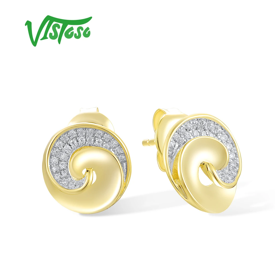 VISTOSO Authentic 14K 585 Yellow Gold Stud Earrings For Women Sparkling Shiny Diamond Simple Unique Round Delicate Fine Jewelry