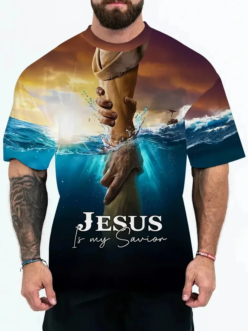 

Jesus Christ Pattern T Shirt For Men Summer Casual O-Neck Oversized Short Sleeve Catholicism Print Quick-Drying Men's T-shirts