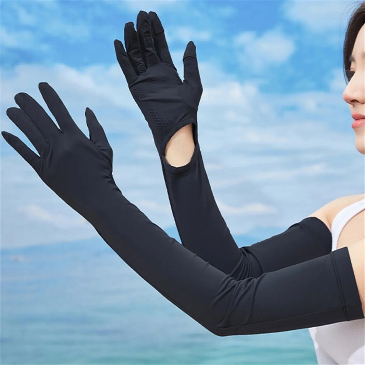【AUTUMN】Women UV Long Sun Protection Gloves Touchscreen Arm Sun Driving Gloves UPF 50+ for Outdoor Sports Cycling Black