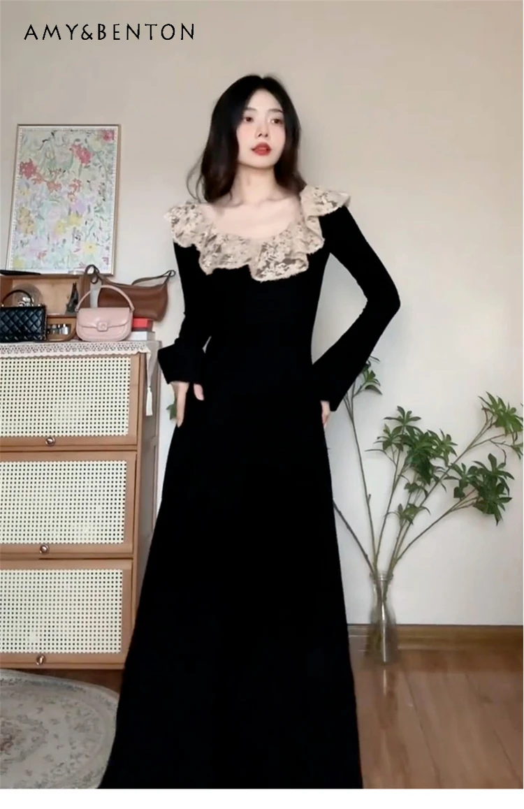 

2025 Spring and Autumn New French Hepburn Style Women's Black Knitted Long Sleeve High Waist Slim Fit Long Dress