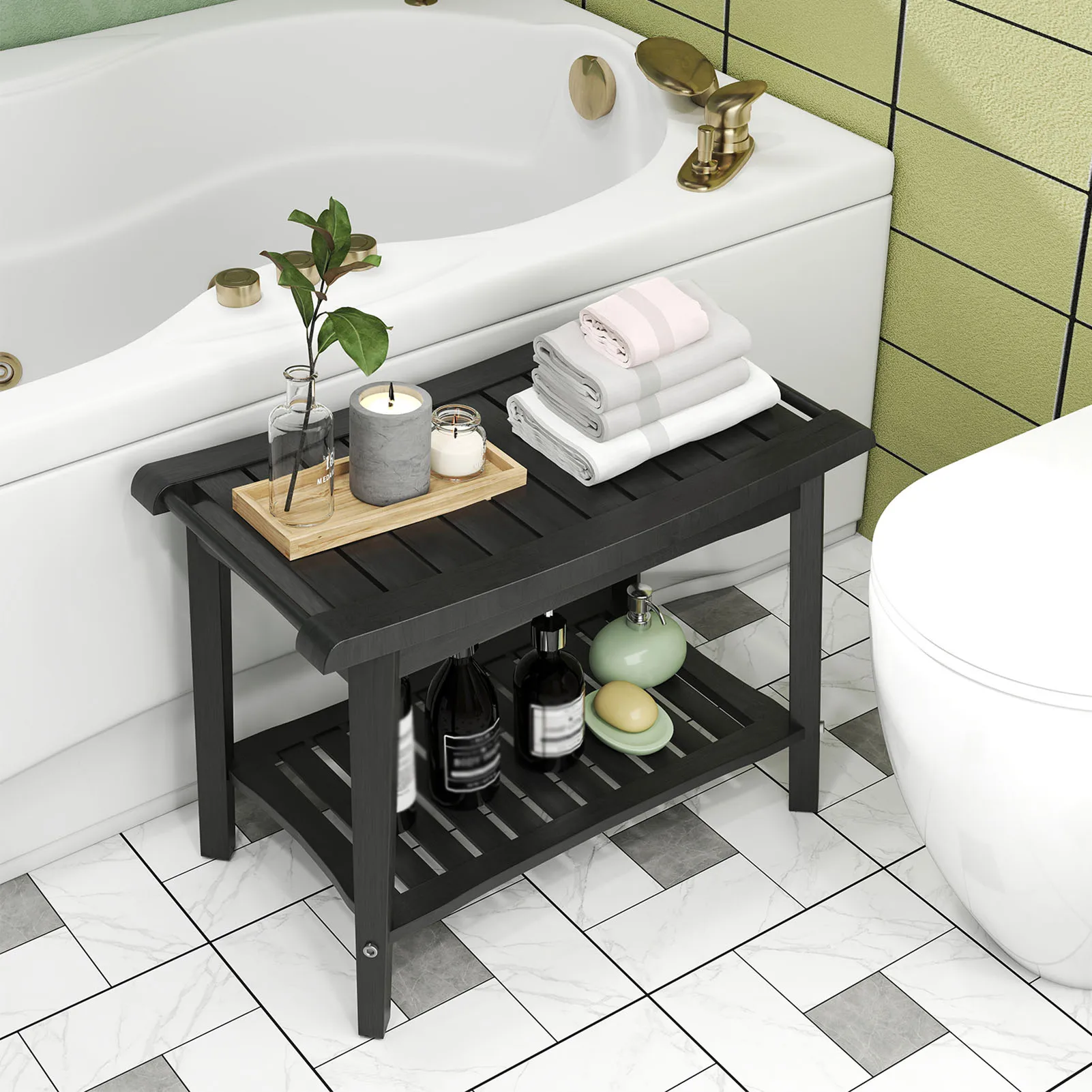 

Черная скамейка для душа, деревянная водонепроницаемая эргономичная табуретка для душа с полкой для хранения для ванной комнаты, спа, водонепроницаемая скамейка для душа