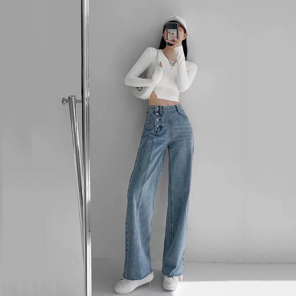 

Irregular Breasted High Waisted Jeans For Women Spring New Loose Edges Straight Leg Pants Hanging Feel Floor Length Pants