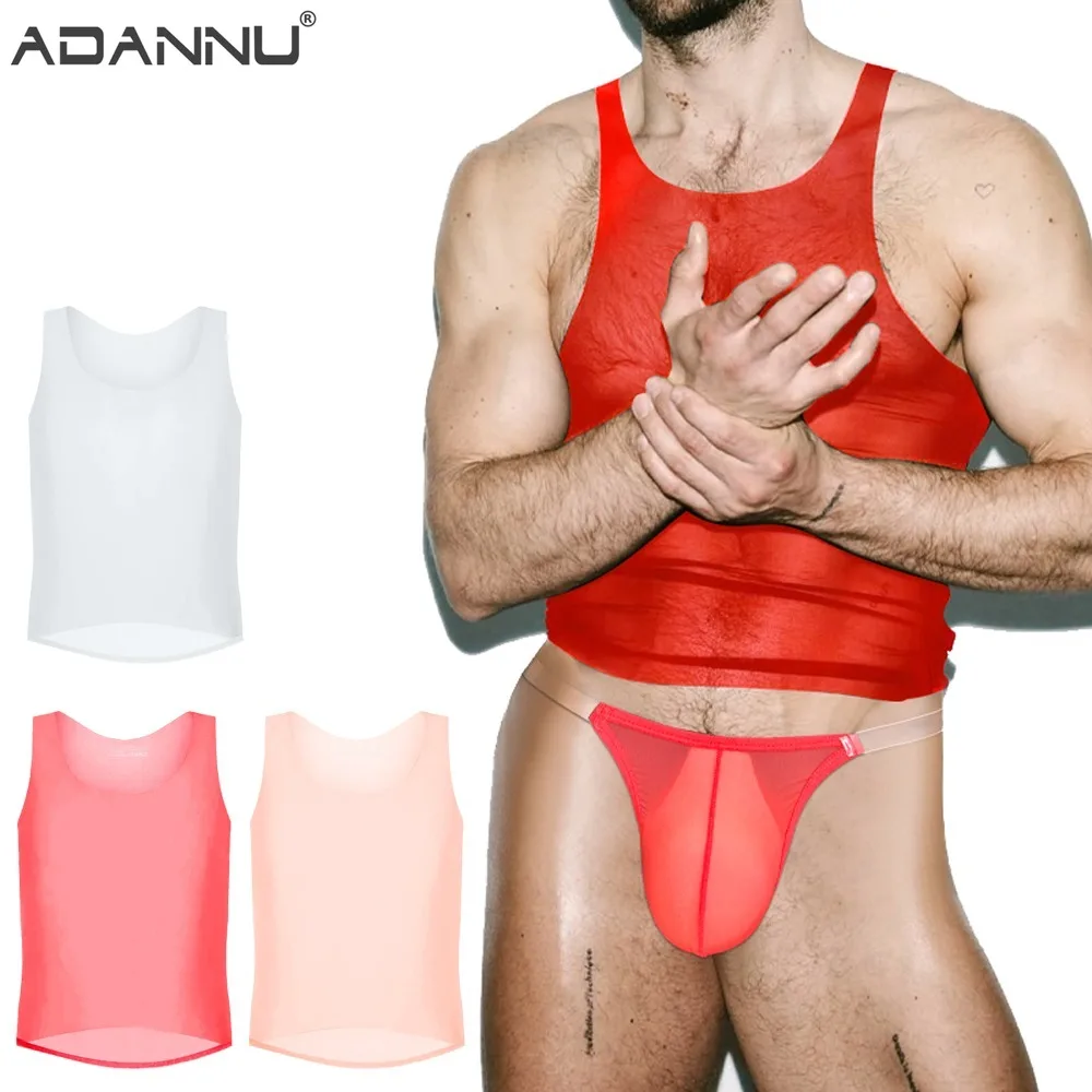 1-4PCS Transparent Sexy Men's Vest Silky Four-neck High Elastic Gloss Sports Wear Bottom Sleeveless Summer Seamless Breathable