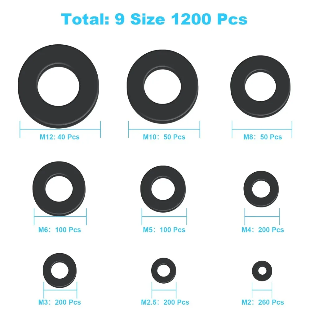 1200Pcs Black Plastic Washers Premium Fender Washers Nylon Flat Washers Assortment Set M2 M2.5 M3 M4 M5 M6 M8 M10 M12 Gasket Kit